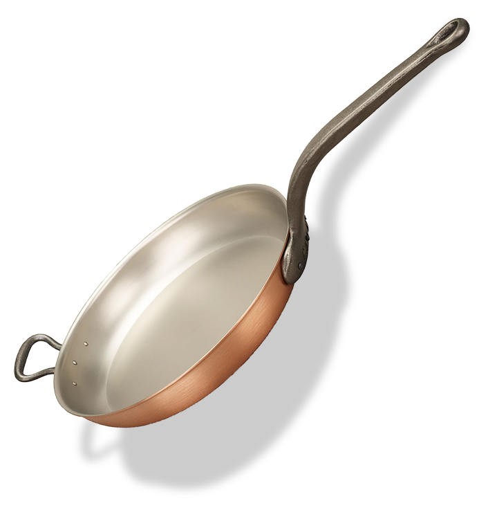 Ręcznie robiona miedziana patelnia z solidnym żeliwnym uchwytem, średnica 32 cm, marki Falk.