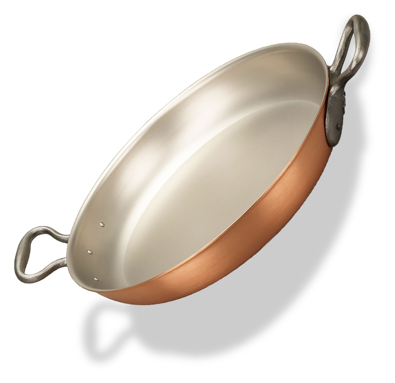 Ręcznie wykonana miedziana patelnia z żeliwnymi uchwytami, średnica 32 cm, marki Falk.