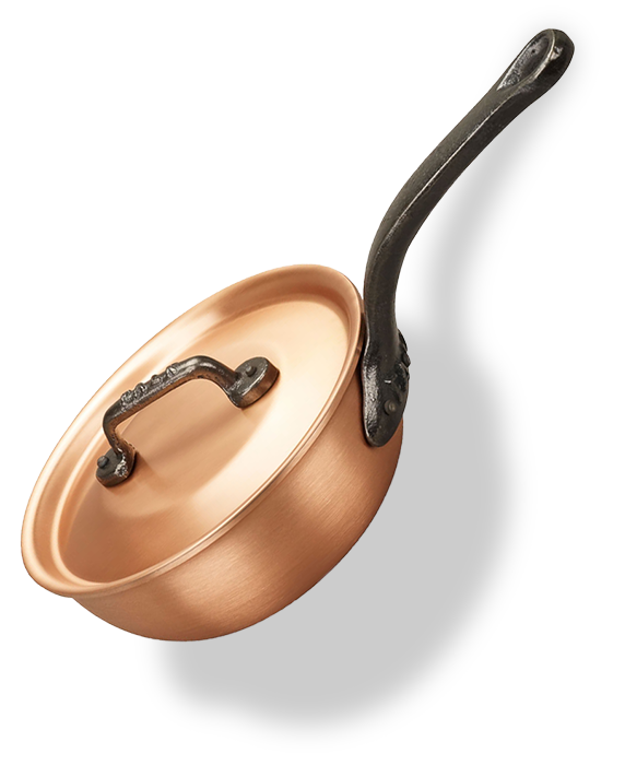Miedziana patelnia sauté z pokrywką, żeliwny uchwyt, 16 cm, ręcznie wykonana.