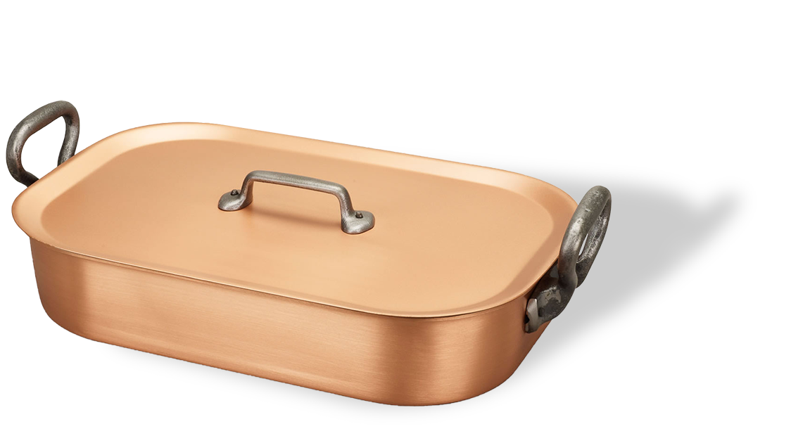 Ręcznie wykonana miedziana brytfanna z pokrywką i żeliwnymi uchwytami, 4,55 litra.