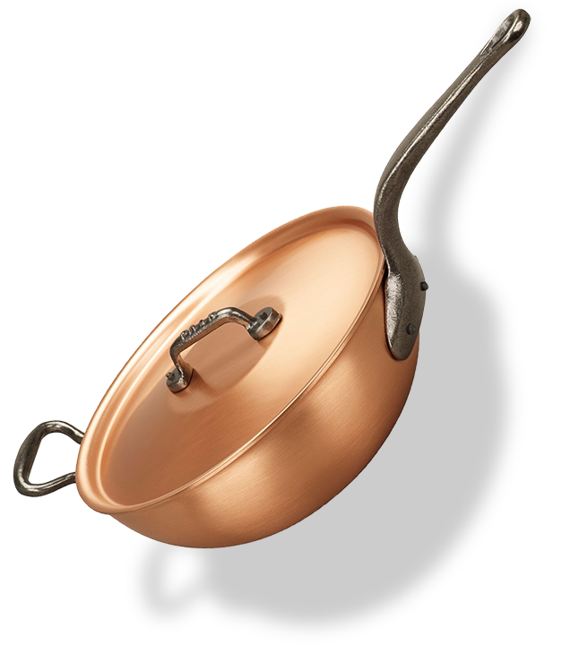 Luksusowy miedziany wok z żeliwnym uchwytem i pokrywką, idealny do risotto, 3 litry, Ø 24 cm.