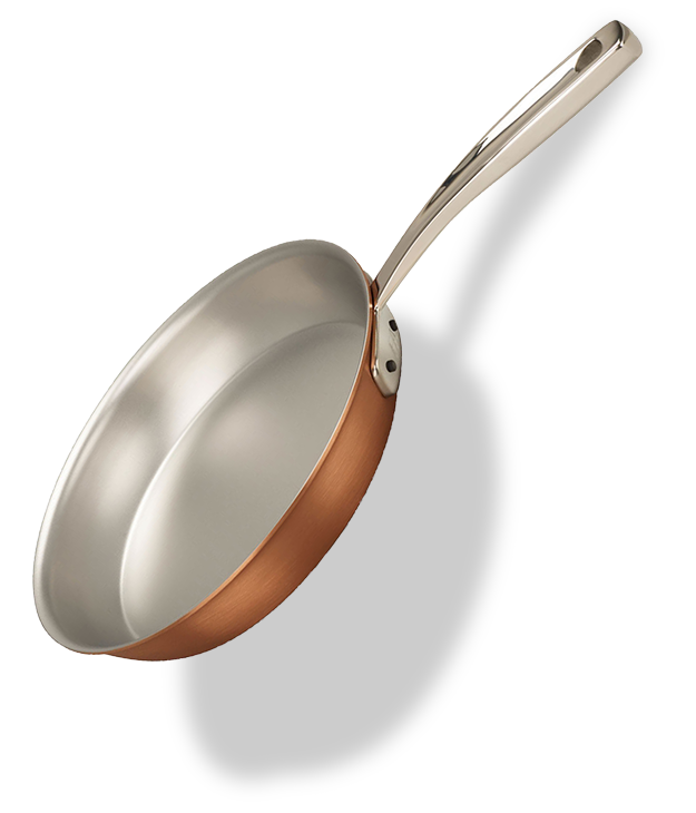 Klasyczna miedziana patelnia z metalowym uchwytem, ręcznie wykonana, średnica 24 cm.
