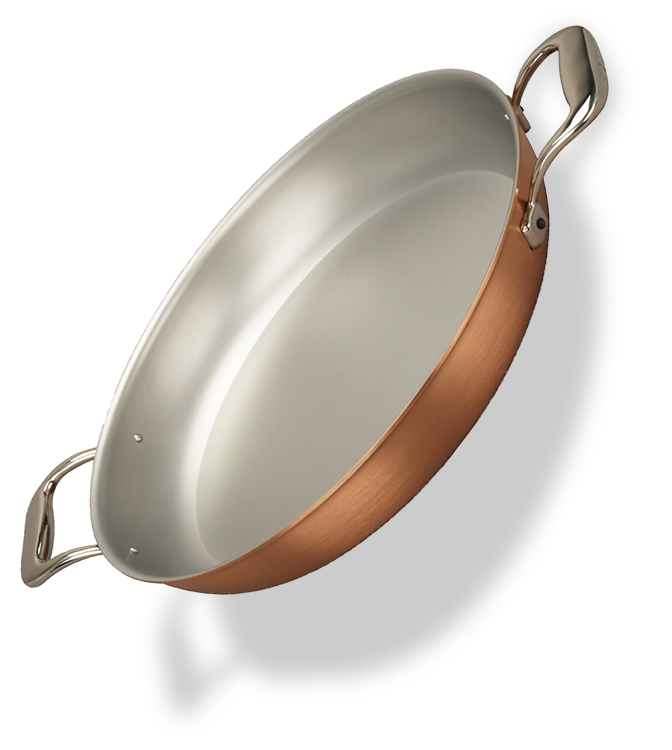 Miedziana patelnia do serwowania, Ø 32 cm, ręcznie wykonana, z uchwytami, marki Falk.