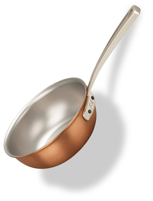 Ręcznie wykonana miedziana patelnia sauté Falk, 16 cm, z eleganckim uchwytem.
