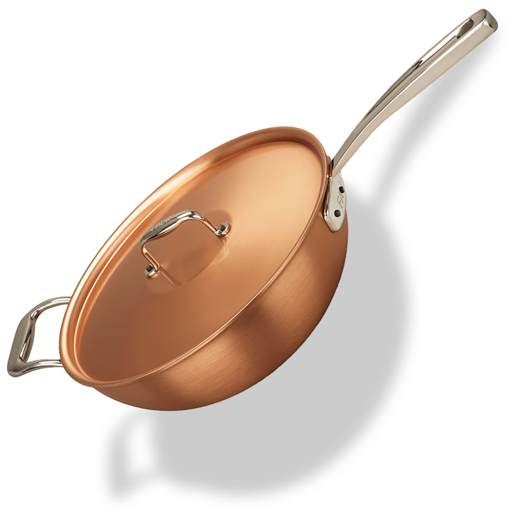 Miedziany wok z pokrywką, 28 cm, pojemność 4,5 litra, idealny do gotowania na parze.