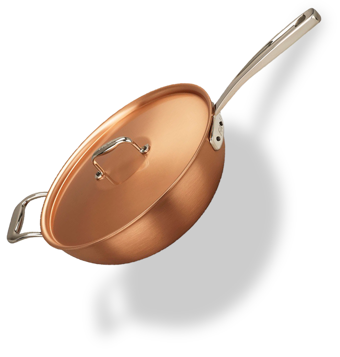 Miedziany wok z pokrywką, idealny do risotto, ręcznie robiony, 3 litry, 24 cm, marki Falk.