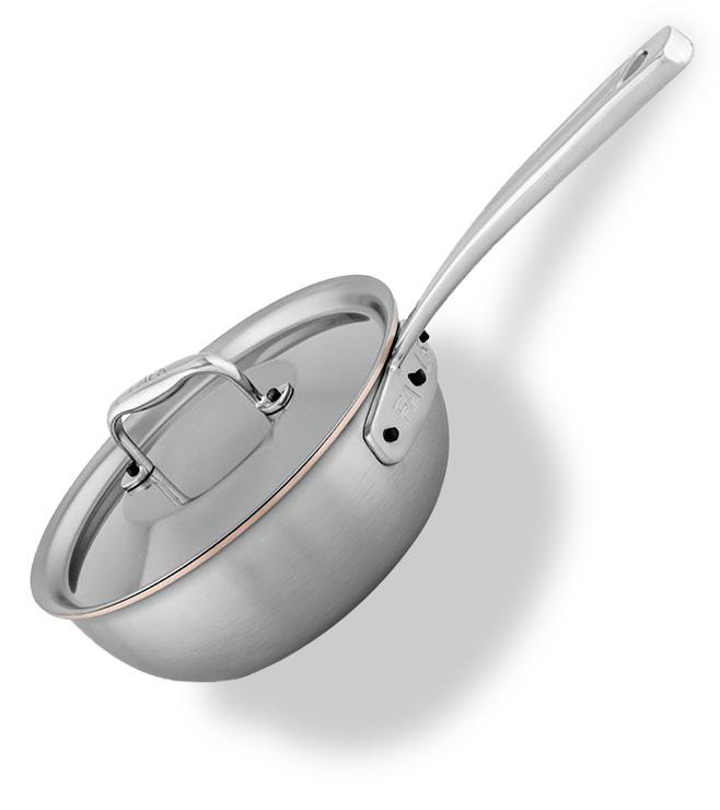 Ręcznie wykonana patelnia sauté z miedzianym rdzeniem i pokrywką, Ø 18 cm, marki Falk.