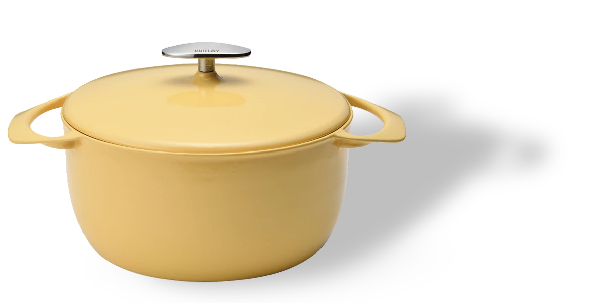 Żółty żeliwny garnek Unilloy, 3,8 l, z dwoma uchwytami i pokrywką.