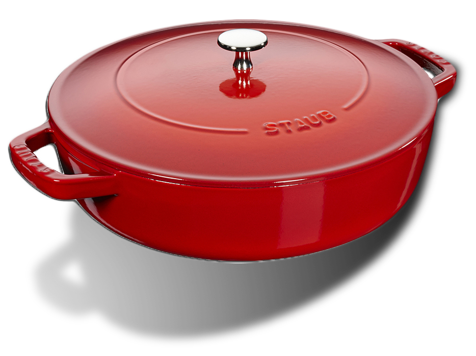Czerwona żeliwna patelnia z pokrywą Staub, 24 cm, idealna do gotowania.
