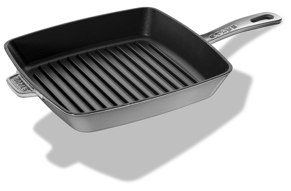 Żeliwna patelnia grillowa Staub 30x30 cm, grafitowa, z nieprzywierającą powłoką.