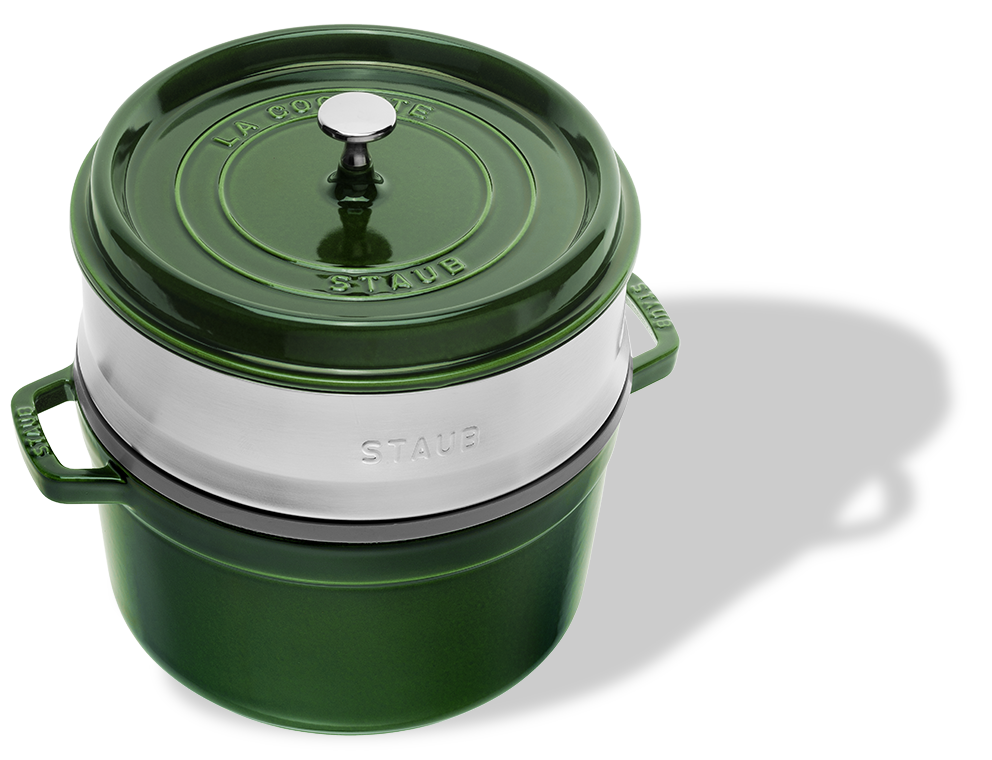 Zielony żeliwny garnek Staub z wkładem do gotowania na parze, pojemność 5,2 l, średnica 26 cm.