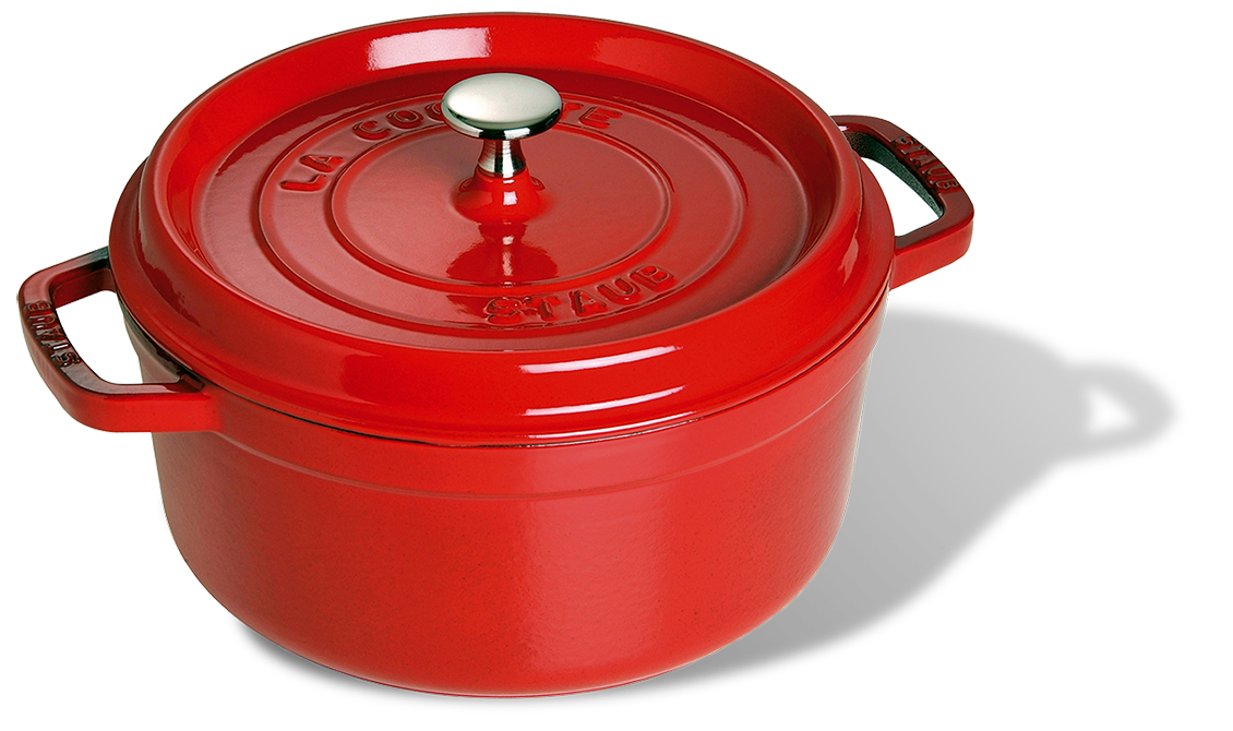 Czerwony żeliwny garnek Staub z pokrywką, 22 cm, 2,6 l, idealny do gotowania.