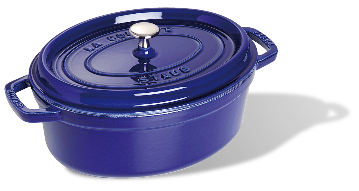 Owalny garnek żeliwny Staub w ciemnoniebieskim kolorze z pokrywką, 4,2 l, 29 cm.