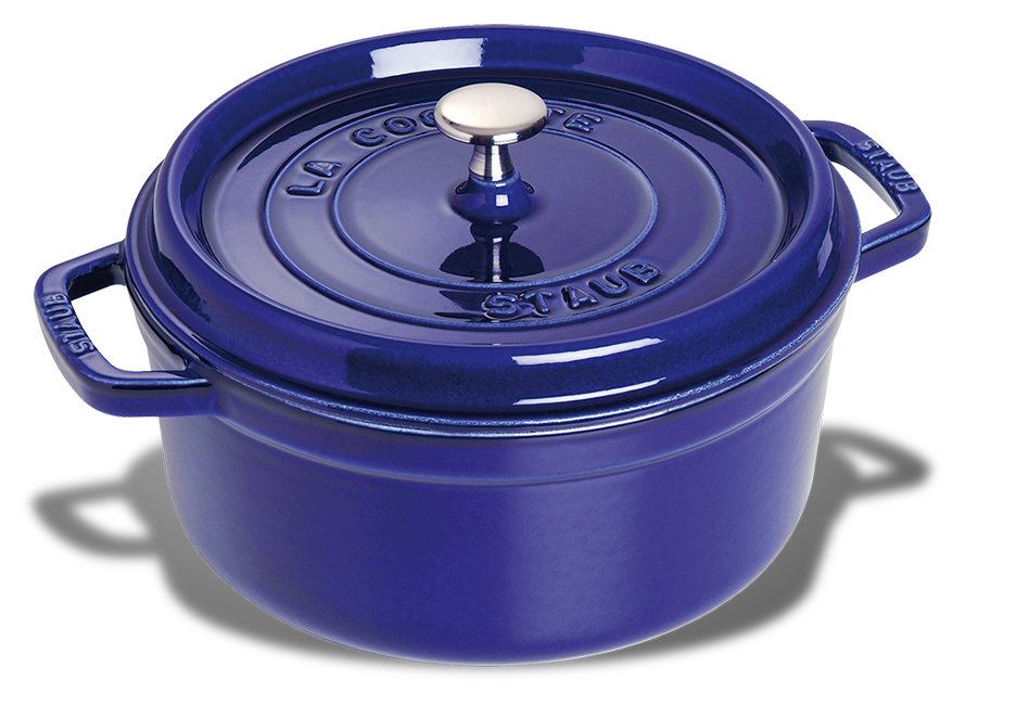 Granatowy garnek żeliwny Staub z pokrywką, pojemność 5,2 l, średnica 26 cm.