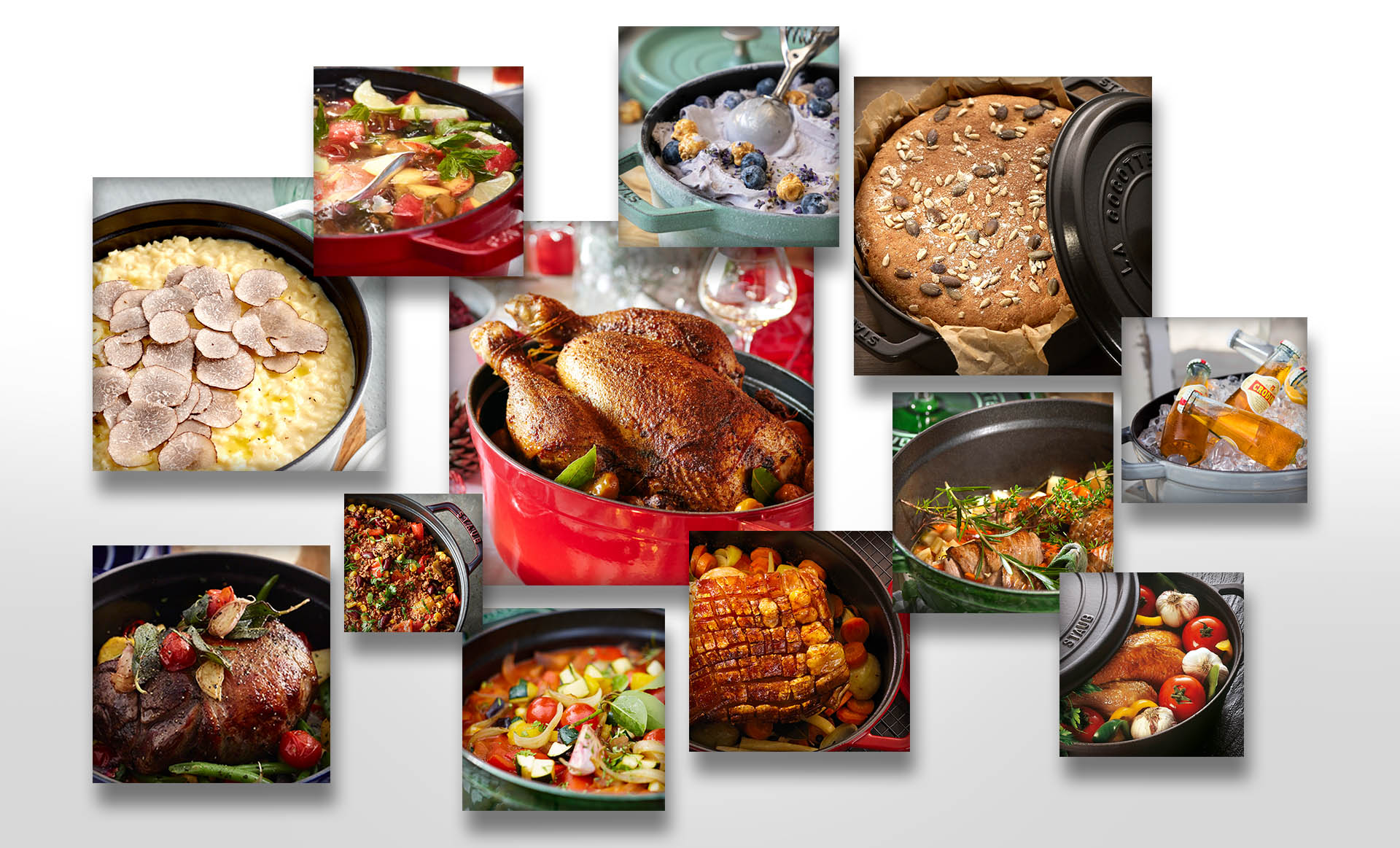 Żeliwny garnek Staub z pieczonym indykiem i warzywami, idealny do eleganckiego gotowania.