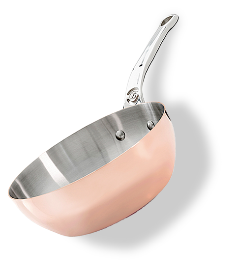 Miedziana patelnia sauté De Buyer na indukcję, stalowy uchwyt, średnica 24 cm.