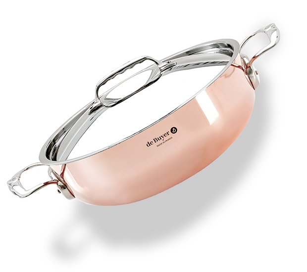 Miedziana patelnia De Buyer z pokrywką, stalowe uchwyty, średnica 24 cm