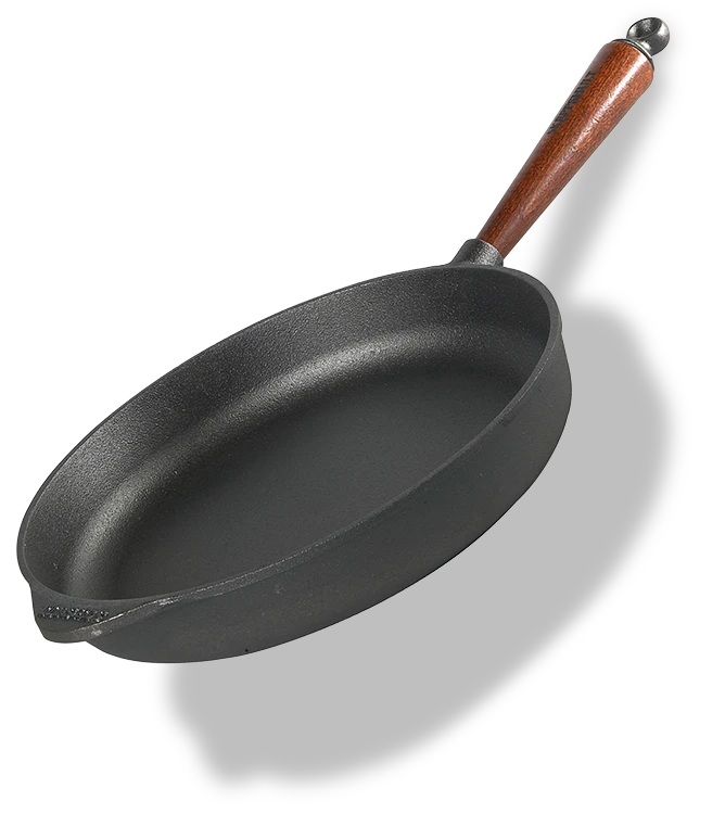 Żeliwna patelnia z drewnianym uchwytem, średnica 28 cm, marki Skeppshult.