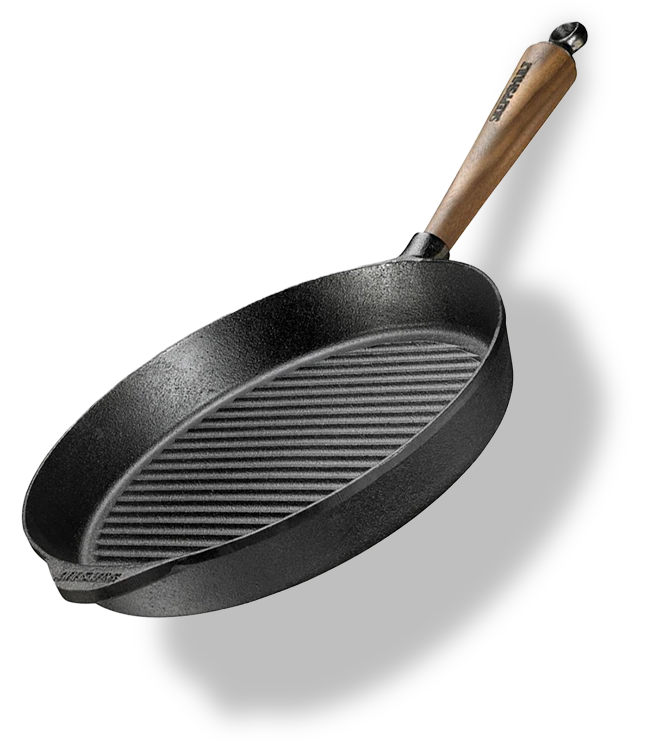 Żeliwna patelnia grillowa z drewnianym uchwytem, średnica 28 cm, marki Skeppshult