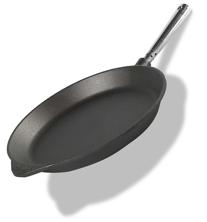 Żeliwna płytka patelnia Skeppshult z metalowym uchwytem, średnica 26 cm, widok z góry.