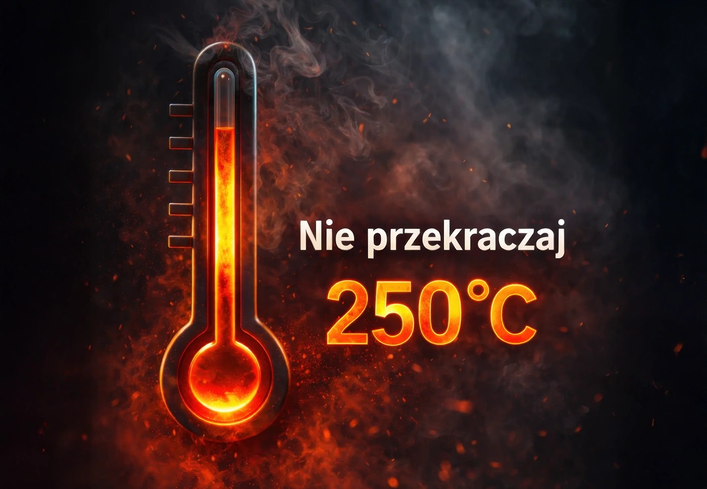 Termometr z napisem "Nie przekraczaj 250°C" na tle ognia.