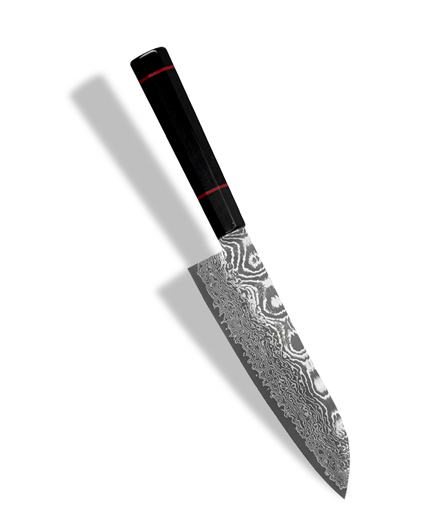 Japoński nóż Santoku 18 cm z damasceńską stalą i czarną rękojeścią.