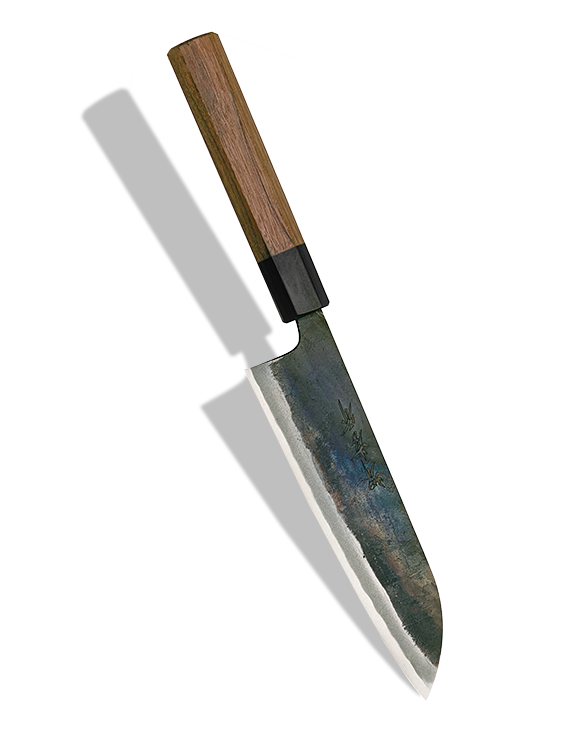 Japoński nóż Santoku 17 cm ze stali Aogami 2 i żelaza, marki Sakai Takayuki.