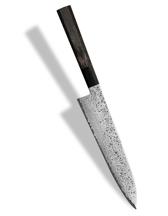 Japoński nóż Gyutoh 21 cm z 69 warstwami stali ZA-18, rękojeść z ciemnego drewna.