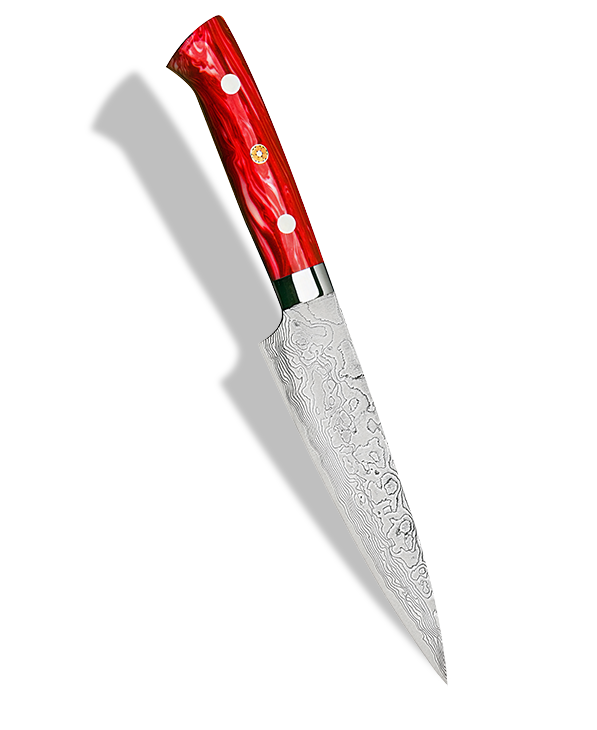 Japoński nóż Shotoh 15 cm ze stali damasceńskiej R2, czerwony uchwyt, Takeshi Saji.
