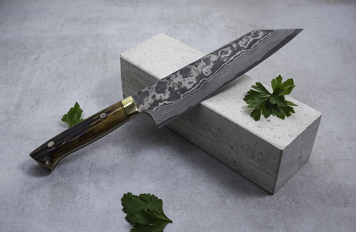 Nóż Banno-Bunka 17 cm ze stali VG-10 na tle kamieni, ozdobiony liśćmi pietruszki.