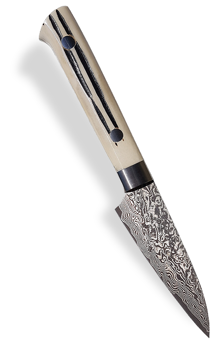 Nóż kuchenny z damasceńskiej stali, 9 cm, rękojeść drewniana, Takeshi Saji.
