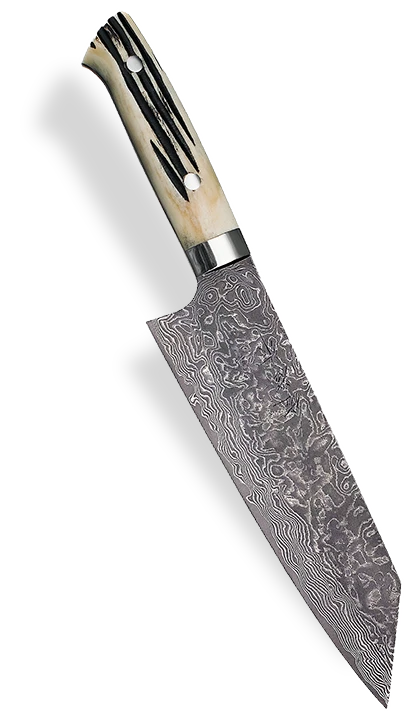 Nóż Banno-Bunka z damasceńskiej stali, 17 cm, rękojeść z rogu, 61 warstw.