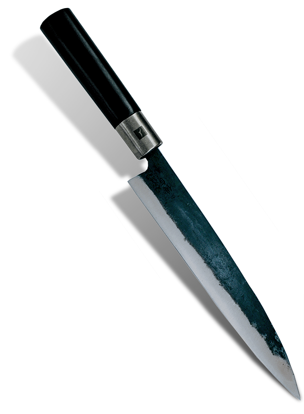 Japoński nóż Ko-Yanagi do sushi, 21 cm, z czarną rękojeścią na białym tle.