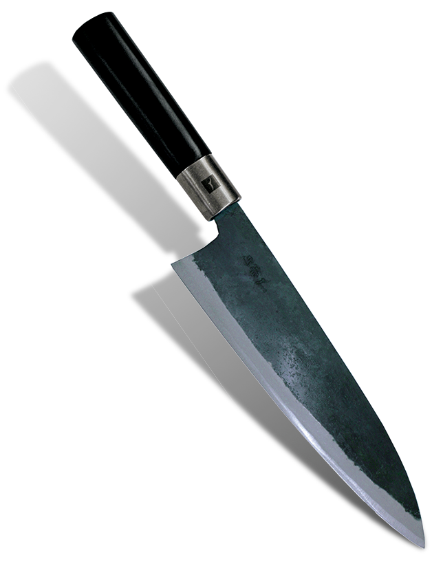 Japoński nóż kuchenny Gyuto, 21 cm, z czarną rękojeścią, model Kurouchi Tosa.