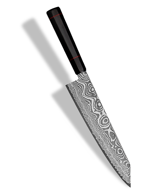 Japoński nóż Kiritsuke 21 cm z 101-warstwową damasceńską stalą i czarną rękojeścią.