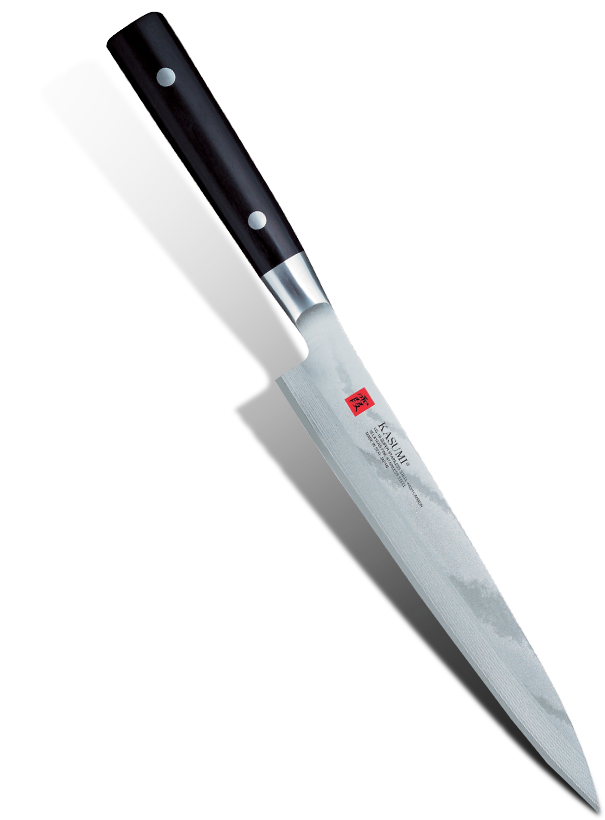 Japoński nóż do sushi z 16-warstwowej stali damasceńskiej, 21 cm, marki Kasumi.