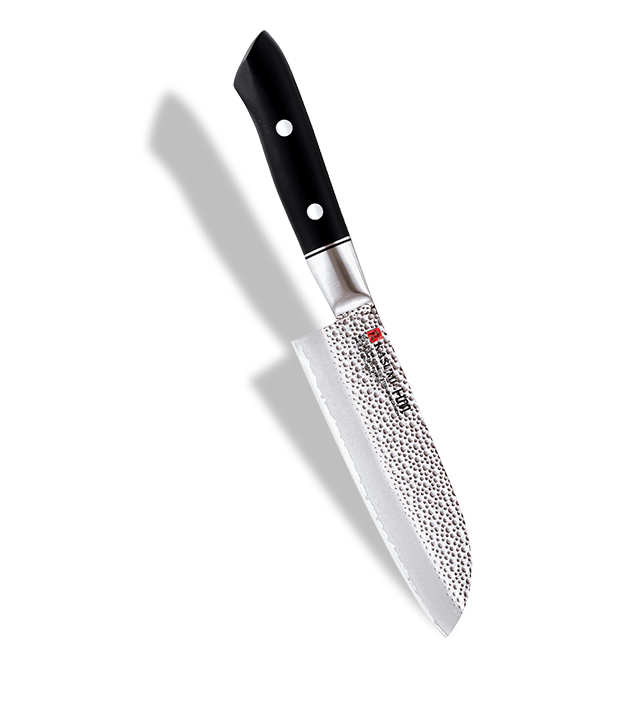 Japoński nóż Santoku 13 cm z młotkowanym ostrzem, elegancka czarna rękojeść.