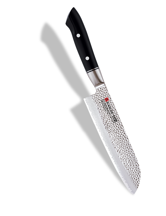Japoński nóż Santoku z młotkowaną powierzchnią, 18 cm, czarna rękojeść.