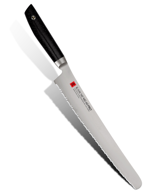 Japoński nóż do pieczywa Kasumi VG-10 PRO z czarną rękojeścią, długość 25 cm.