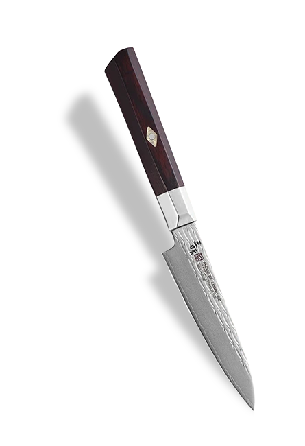 Młotkowany nóż uniwersalny Shotoh 11 cm z 33-warstwowej stali, elegancka rękojeść.