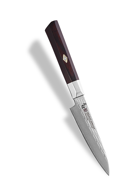 Młotkowany nóż uniwersalny Shotoh 11 cm z 33-warstwowej stali, elegancka rękojeść.