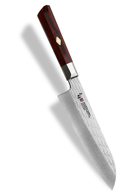 Młotkowany nóż Santoku Mcusta Zanmai, 33-warstwowy, 18 cm, z eleganckim, drewnianym uchwytem.