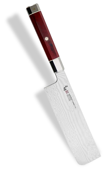 Elegancki nóż Nakiri z 32-warstwowej stali, drewniana rękojeść, długość ostrza 16,5 cm.