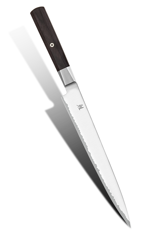 Japoński nóż Sujihiki 24 cm z elegancką rękojeścią, idealny do sushi i sashimi.