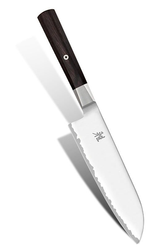 Japoński nóż Santoku Miyabi, kuty, 18 cm, z eleganckim drewnianym uchwytem.