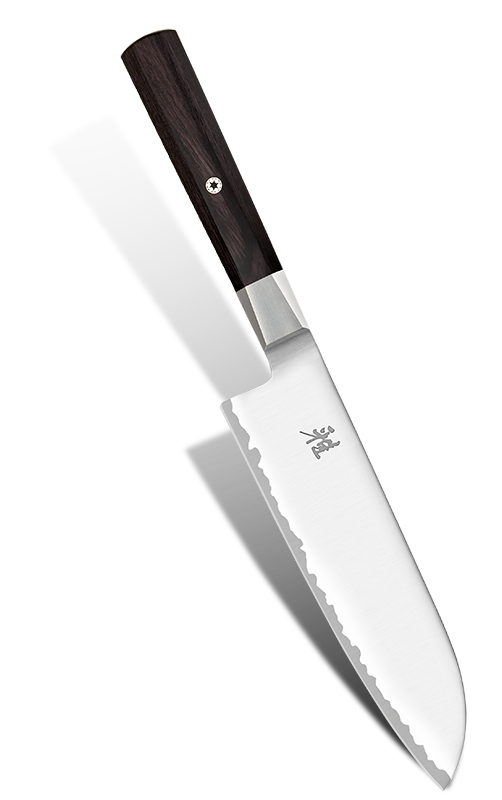 Japoński nóż Santoku Miyabi, kuty, 18 cm, z eleganckim drewnianym uchwytem.