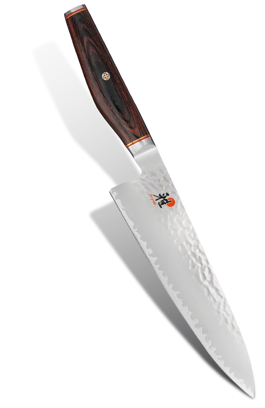 Mistrzowski nóż Gyutoh Miyabi z młotkowanej stali, 20 cm, elegancki design.