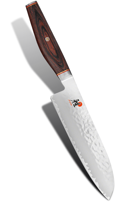 Mistrzowski nóż Santoku Miyabi z młotkowanej stali, 18 cm, z elegancką rączką.