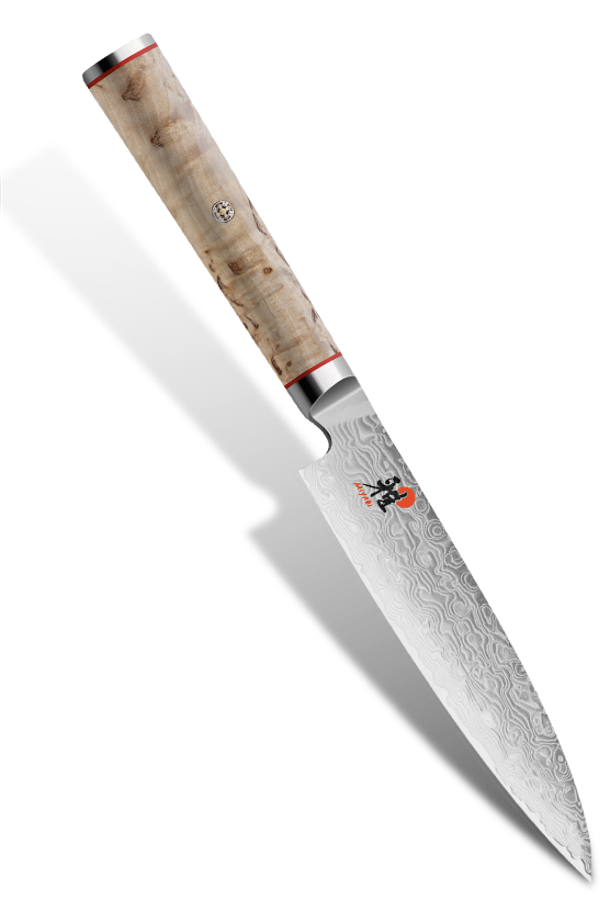 Uniwersalny nóż damasceński Miyabi 16 cm z misternym wzorem i drewnianą rękojeścią.