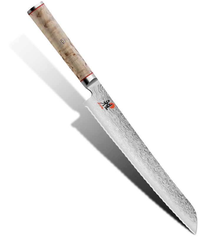 Damasceński nóż do pieczywa Miyabi, 23 cm, z ozdobnym wzorem na ostrzu.